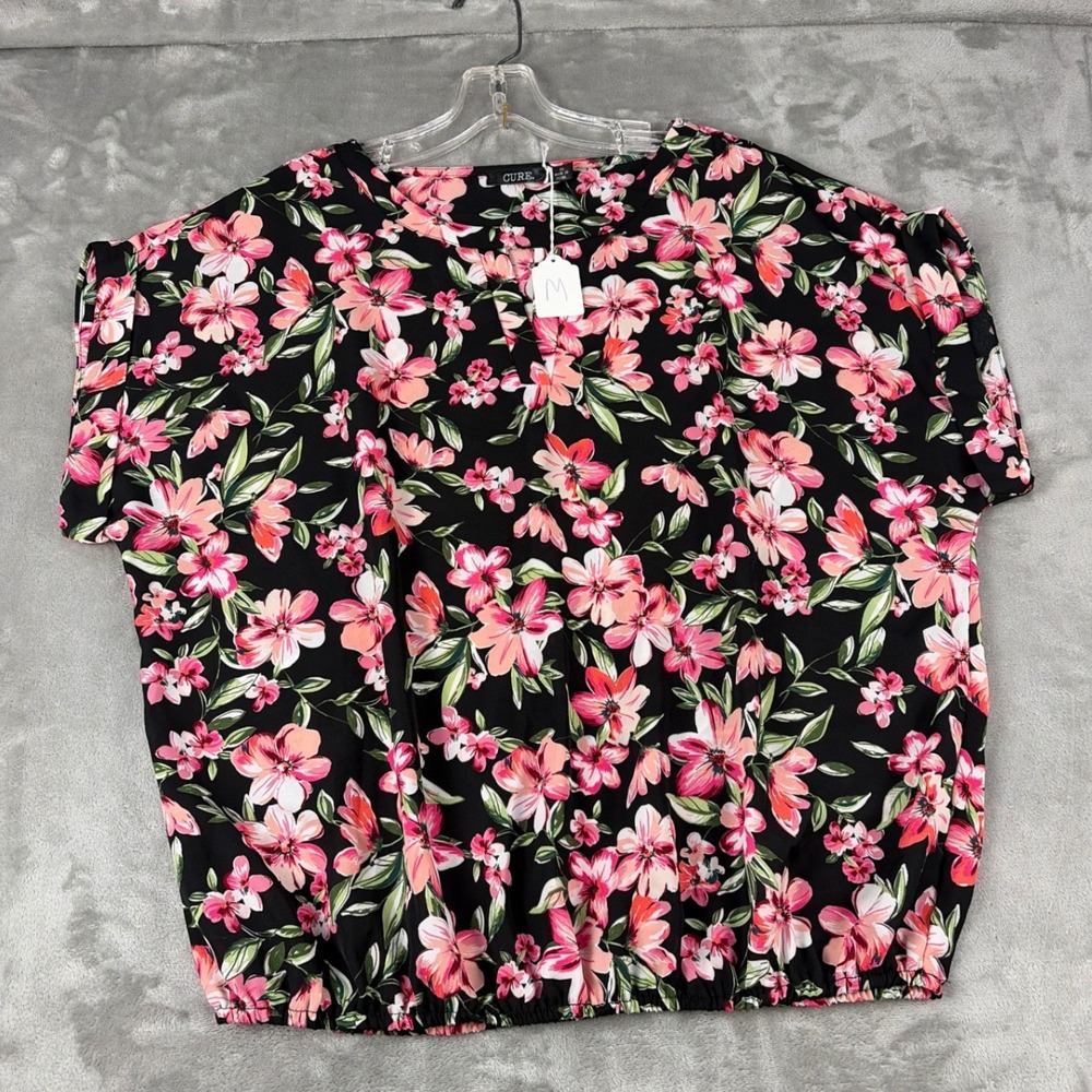 CURE. Black Pink Floral V-Neck Elastic Bubble Hem Blouse XL M2-3271